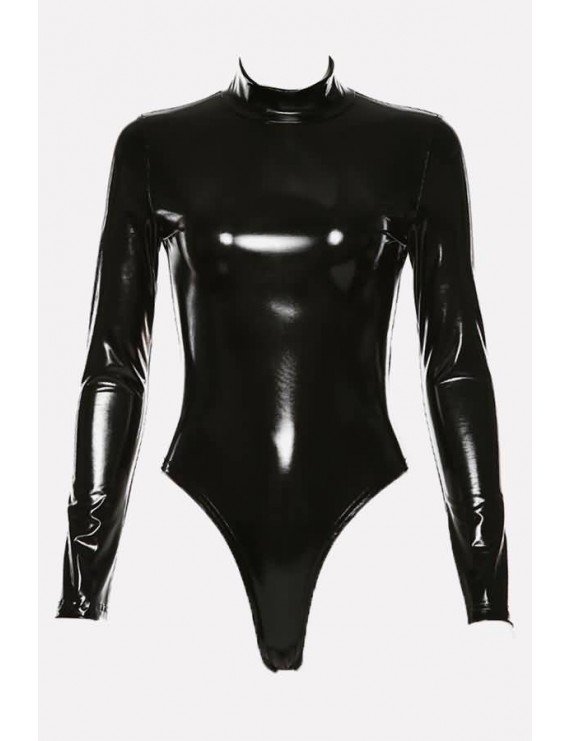 Black Faux Leather Zipper Back High Cut Sexy Bodysuit