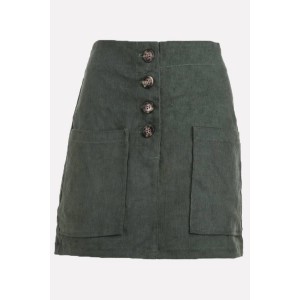 Army-green Corduroy Button Up High Waist Casual Skirt