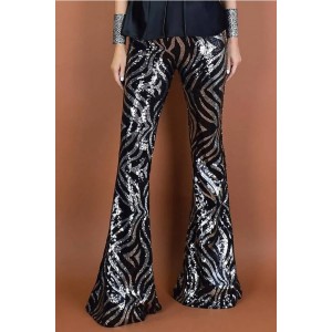 Black Sequin High Waist Casual Flared Pants