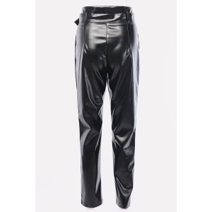 Black Faux Leather Buckle Casual Pants