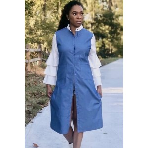 Blue Letters Print Button Up Layered Sleeve Casual Dress