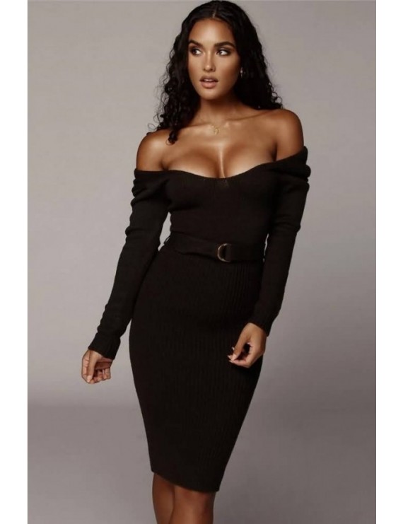 Black Lace Up Scoop Neck Sexy Bodycon Sweater Dress