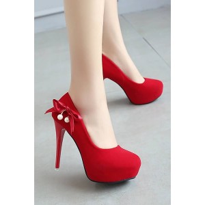 Red Bowknot Imitation Pearl Stiletto High Heel Pumps
