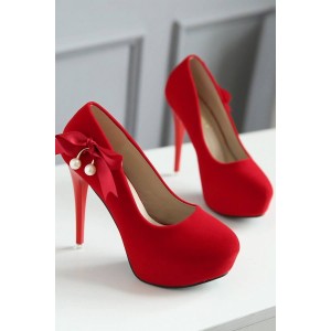 Red Bowknot Imitation Pearl Stiletto High Heel Pumps
